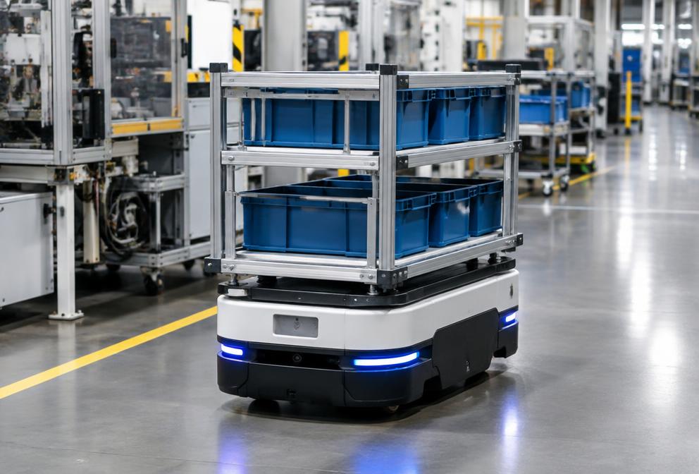Mobiilne robot transportimas kastidega riiulit tehase vahekäigus