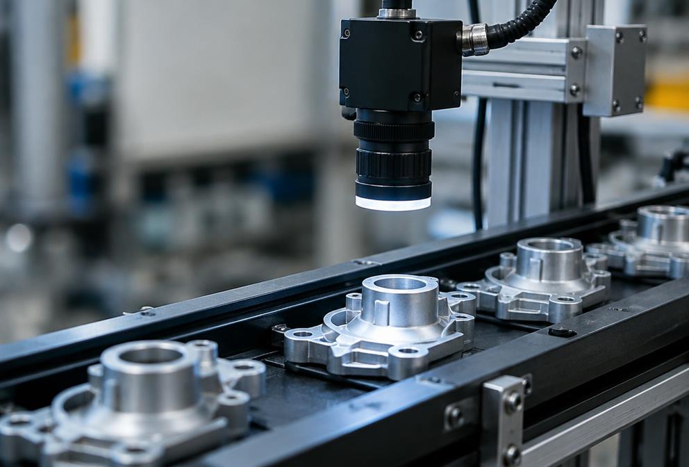 Tööstuskaamera kontrollimas metalldetaile konveieril